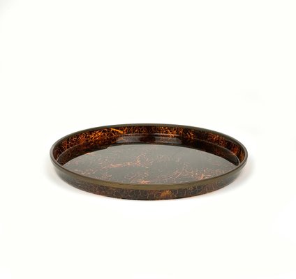 Round Centerpiece Serving Tray in Faux Tortoiseshell and Brass, Italy, 1970s-LYQ-1428354