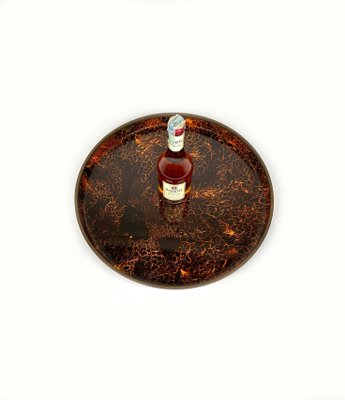 Round Centerpiece Serving Tray in Faux Tortoiseshell and Brass, Italy, 1970s-LYQ-1428354