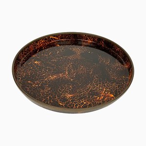 Round Centerpiece Serving Tray in Faux Tortoiseshell and Brass, Italy, 1970s-LYQ-1428354