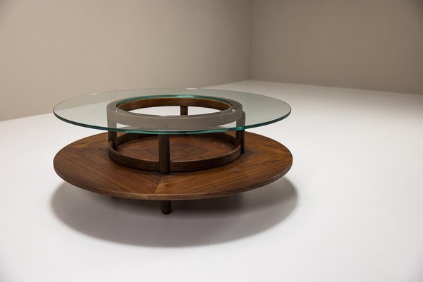 Round Coffee Table in Glass and Teak by Gianfranco Frattini for Cassina, Italy, 1950s-UQV-1790737