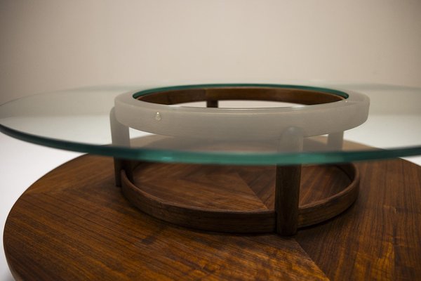 Round Coffee Table in Glass and Teak by Gianfranco Frattini for Cassina, Italy, 1950s-UQV-1790737