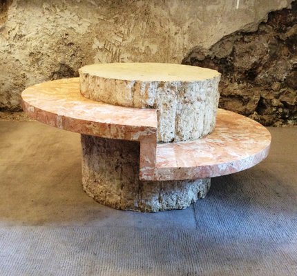 Round Coffee Table in Travertine Veneer from Maitland-Smith, 1970s-MCB-1791894