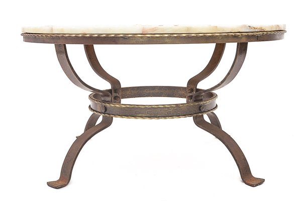 Round Coffee Table in Wrought Iron & Onyx, 1950s-JCN-1723337