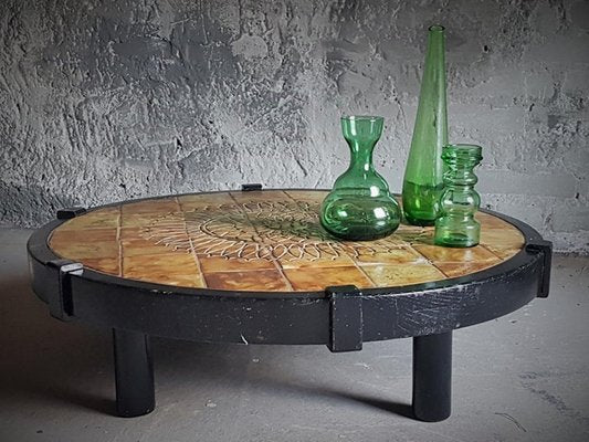 Round Coffee Table with Vallauris Ceramic Capron Barrois, France, 1960s-POM-1384002