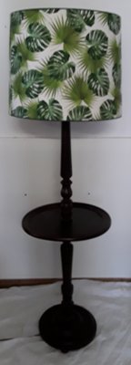 Round Dark Stained Wood Side Table with Rotating Top, Integrated Floor Lamp & Green Patterned Fabric Lampshade, 1950s-HOI-900206