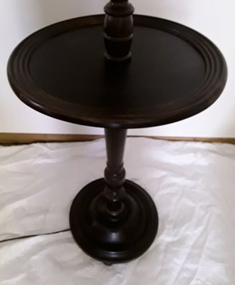 Round Dark Stained Wood Side Table with Rotating Top, Integrated Floor Lamp & Green Patterned Fabric Lampshade, 1950s-HOI-900206