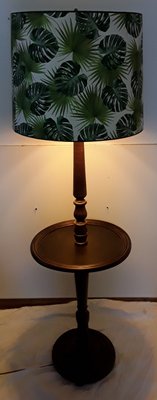 Round Dark Stained Wood Side Table with Rotating Top, Integrated Floor Lamp & Green Patterned Fabric Lampshade, 1950s-HOI-900206