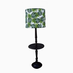 Round Dark Stained Wood Side Table with Rotating Top, Integrated Floor Lamp & Green Patterned Fabric Lampshade, 1950s-HOI-900206