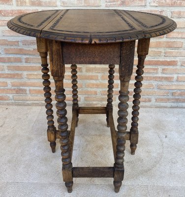 Round Folding Center Oak Table with Carved Top and Solomonic Legs, 1940s-NOU-1752709