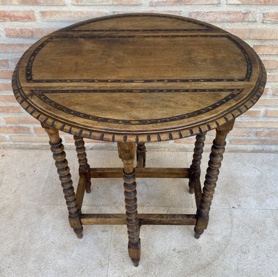 Round Folding Center Oak Table with Carved Top and Solomonic Legs, 1940s-NOU-1752709