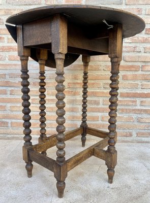 Round Folding Center Oak Table with Carved Top and Solomonic Legs, 1940s-NOU-1752709