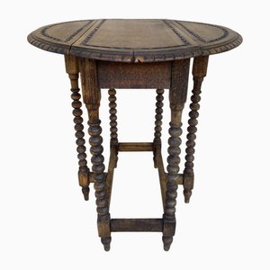 Round Folding Center Oak Table with Carved Top and Solomonic Legs, 1940s-NOU-1752709