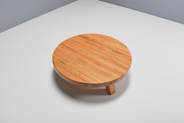 Round French Artisanal Coffee Table in Solid Oak, 1960s-QT-1263337