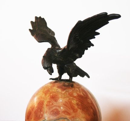 Round Full Moon Shape Alabaster Table Lamp with Bronze Eagle, 1920s-ODB-733490