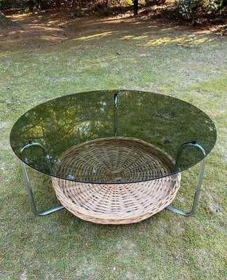 Round Glass Coffee Table with Wicker Magzine Rack, 1960s-LL-1359295