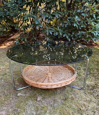 Round Glass Coffee Table with Wicker Magzine Rack, 1960s-LL-1359295