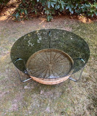 Round Glass Coffee Table with Wicker Magzine Rack, 1960s-LL-1359295