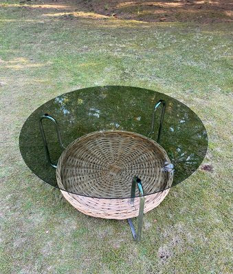 Round Glass Coffee Table with Wicker Magzine Rack, 1960s-LL-1359295