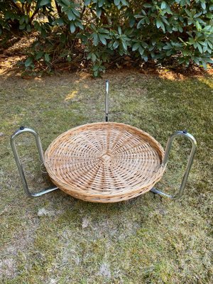 Round Glass Coffee Table with Wicker Magzine Rack, 1960s-LL-1359295