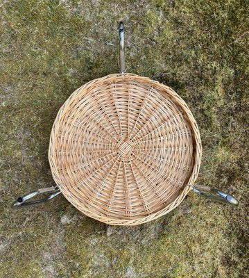 Round Glass Coffee Table with Wicker Magzine Rack, 1960s-LL-1359295