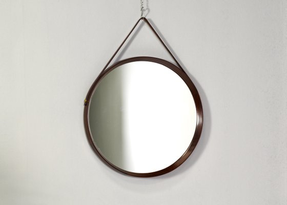 Round Italian Wall Mirror in Solid Teak, Leather and Brass, 1950s-TE-1132254