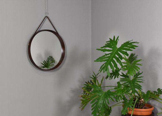 Round Italian Wall Mirror in Solid Teak, Leather and Brass, 1950s-TE-1132254