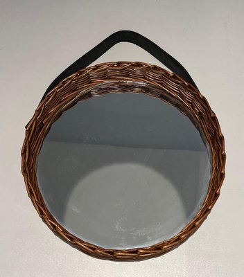 Round Leather and Rattan Mirror, 1950s-BA-1599961