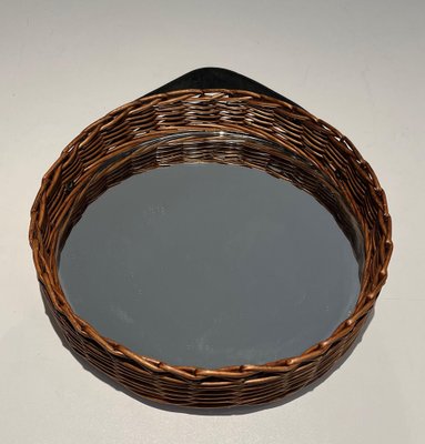 Round Leather and Rattan Mirror, 1950s-BA-1599961