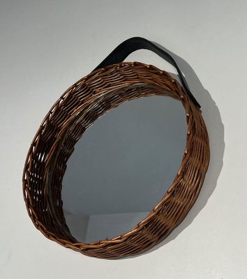 Round Leather and Rattan Mirror, 1950s-BA-1599961