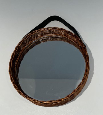 Round Leather and Rattan Mirror, 1950s-BA-1599961