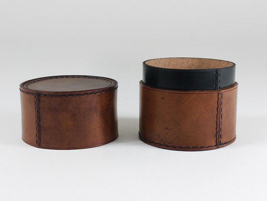 Round Leather Storage Box with Lid attributed to Carl Auböck, Vienna, Austria, 1950s-MWV-2020990