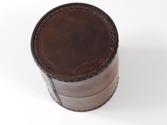 Round Leather Storage Box with Lid attributed to Carl Auböck, Vienna, Austria, 1950s-MWV-2020990