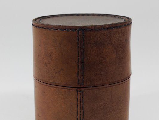 Round Leather Storage Box with Lid attributed to Carl Auböck, Vienna, Austria, 1950s-MWV-2020990