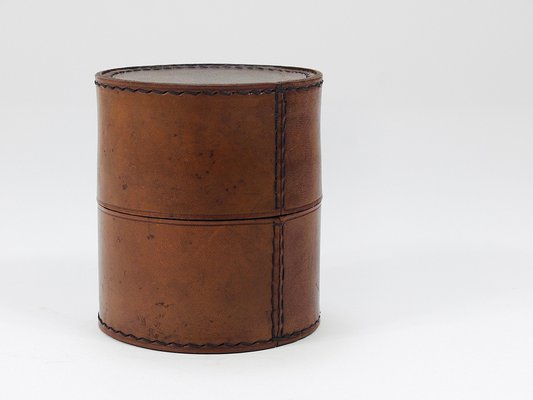 Round Leather Storage Box with Lid attributed to Carl Auböck, Vienna, Austria, 1950s-MWV-2020990