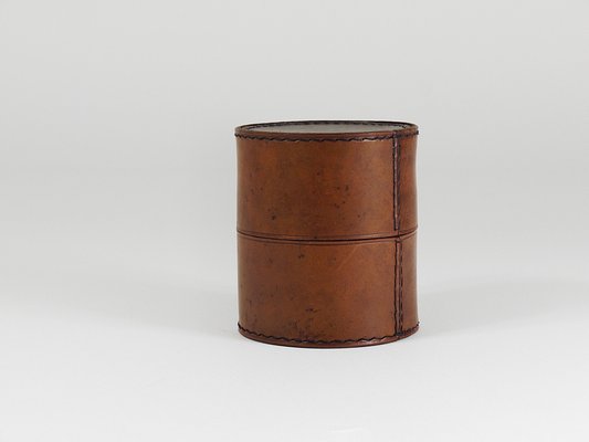 Round Leather Storage Box with Lid attributed to Carl Auböck, Vienna, Austria, 1950s-MWV-2020990