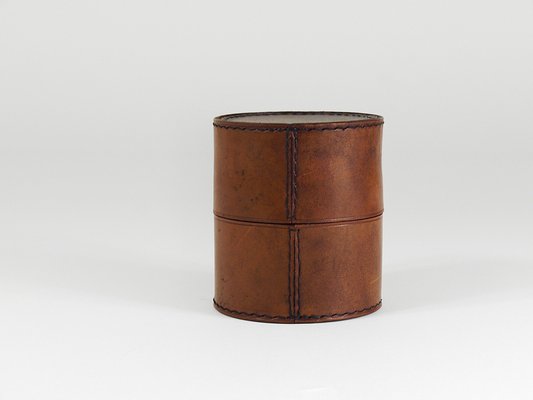 Round Leather Storage Box with Lid attributed to Carl Auböck, Vienna, Austria, 1950s-MWV-2020990