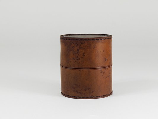 Round Leather Storage Box with Lid attributed to Carl Auböck, Vienna, Austria, 1950s-MWV-2020990