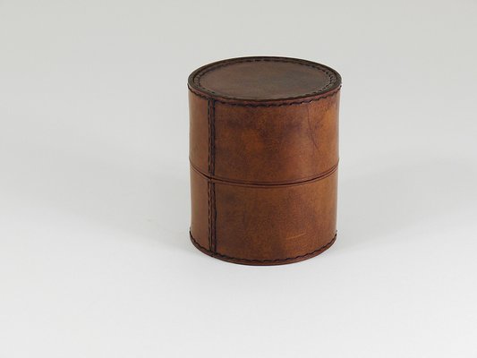 Round Leather Storage Box with Lid attributed to Carl Auböck, Vienna, Austria, 1950s-MWV-2020990