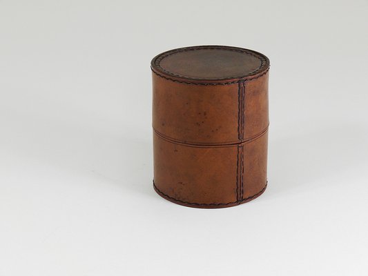 Round Leather Storage Box with Lid attributed to Carl Auböck, Vienna, Austria, 1950s-MWV-2020990