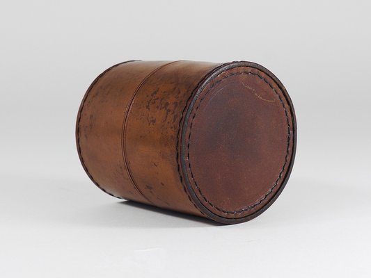 Round Leather Storage Box with Lid attributed to Carl Auböck, Vienna, Austria, 1950s-MWV-2020990