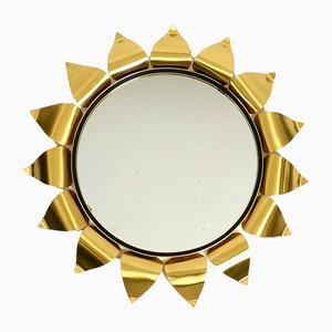 Round Mid-Century Brass Sunburst Wall Mirror-RR-989286