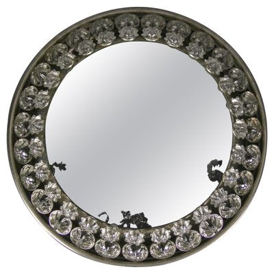 Round Mid-Century Modern Backlit Metal Wall Mirror with Crystal Glass Flowers-KEG-1218809