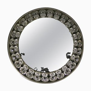 Round Mid-Century Modern Backlit Metal Wall Mirror with Crystal Glass Flowers-KEG-1218809