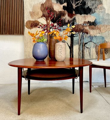 Round Minerva FD 515 Teak Coffee Table with Cane Shelf by Peter Hvidt & Orla Mølgaard-Nielsen for France & Son, Denmark, 1960s-JP-1387953