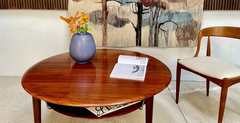 Round Minerva FD 515 Teak Coffee Table with Cane Shelf by Peter Hvidt & Orla Mølgaard-Nielsen for France & Son, Denmark, 1960s-JP-1387953