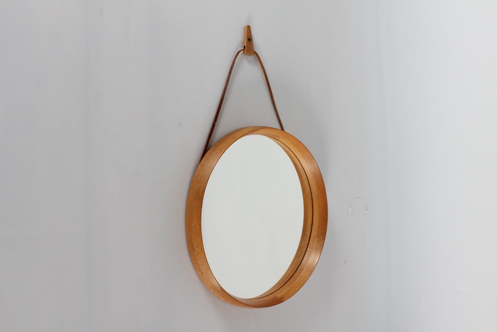 Round Mirror of Oak and Leather by Luxus Vittsjö for Uno & Osten Kristiansson, Sweden, 1970s