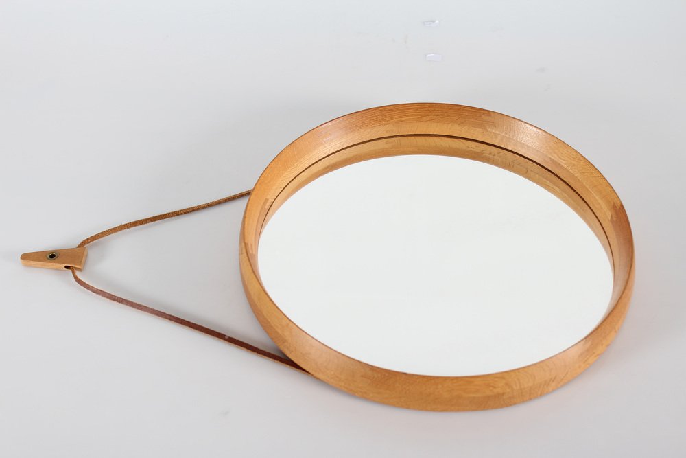 Round Mirror of Oak and Leather by Luxus Vittsjö for Uno & Osten Kristiansson, Sweden, 1970s