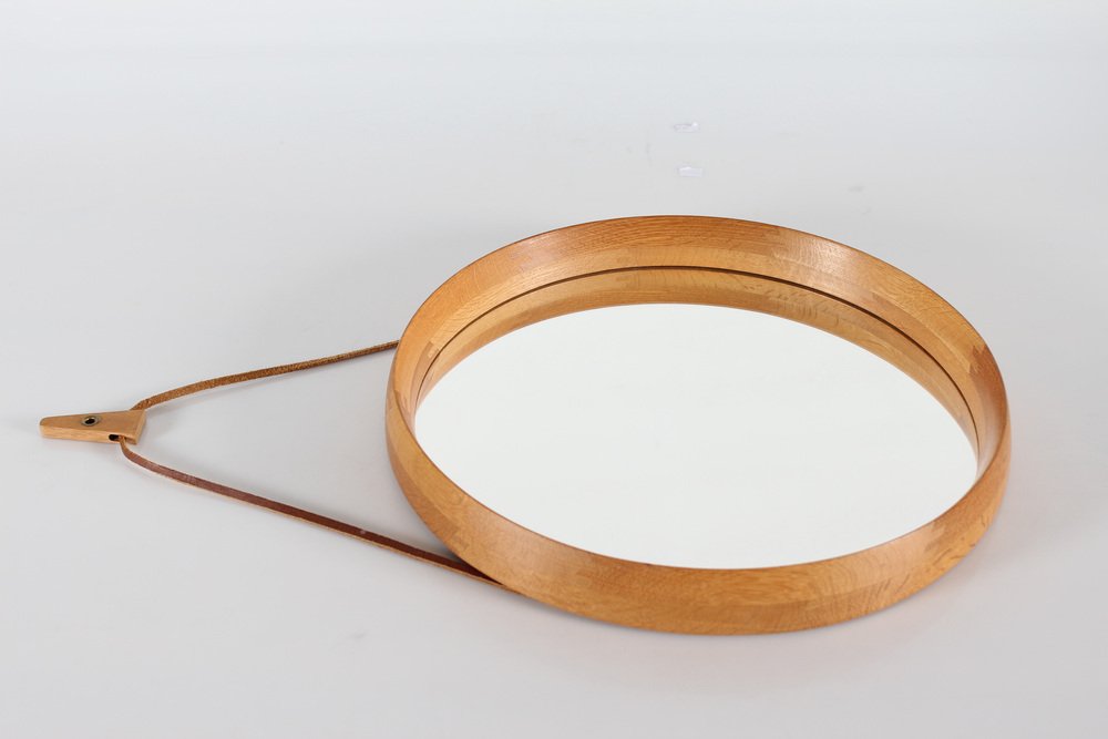 Round Mirror of Oak and Leather by Luxus Vittsjö for Uno & Osten Kristiansson, Sweden, 1970s