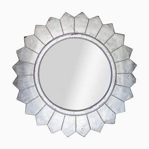 Round Neoclassical or Empire Style Hand-Carved Wooden Mirror in Silver, Spain, 1970s-UZ-955026