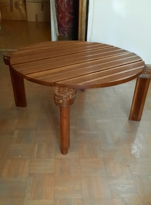 Round Oak and Leather Coffee Table attributed to Jacques Adnet, 1950s-EAI-1398322